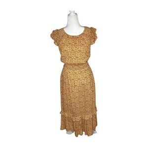 UNIVERSAL THREAD Women Midi Dress Smocking Cap Ruffle Sleeves Mustard Floral XS